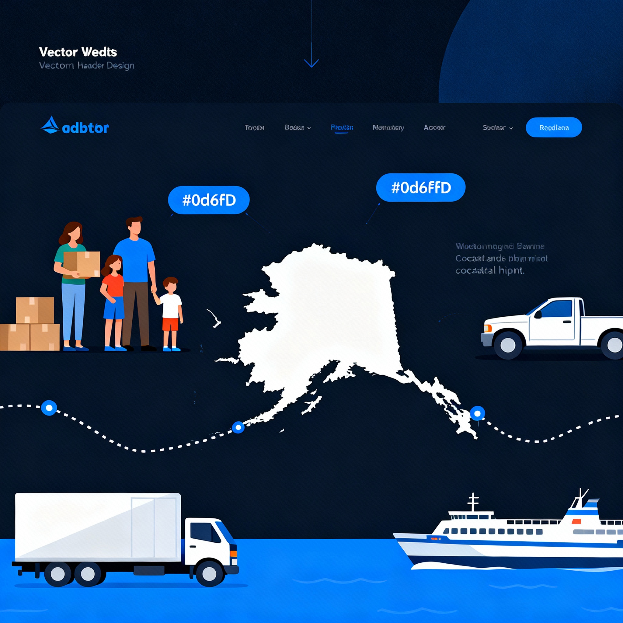 Alaska move header with family, route map, truck and ferry